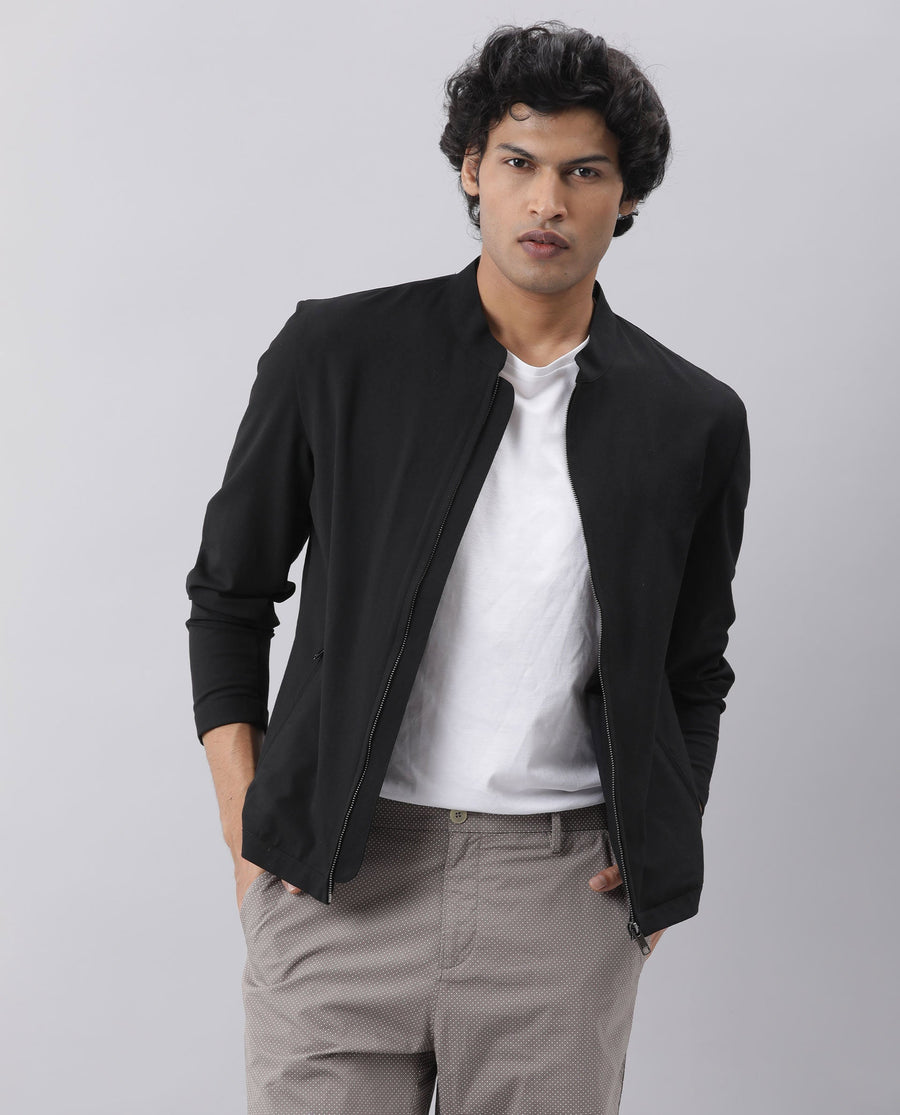 Rare Rabbit Men's Sign-2 Black Polyester Plain Slim Fit Full Sleeve High Neck Jacket