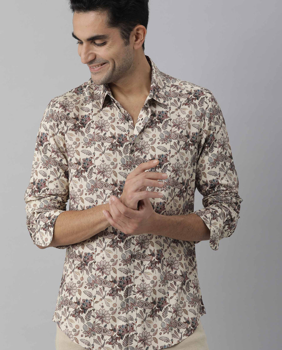 Rare Rabbit Men's Ravell Beige Viscose Floral Print Regular Fit Full Sleeve Collared Shirt
