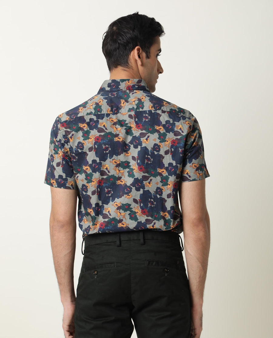 Rare Rabbit Men's Vishh Green Cotton Floral Print Regular Fit Half Sleeve Collared Shirt