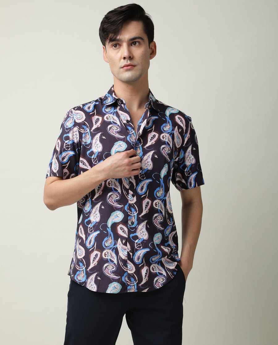 Rare Rabbit Men's Ivy Ss Navy Viscose Paisley Print Regular Fit Half Sleeve Collared Shirt