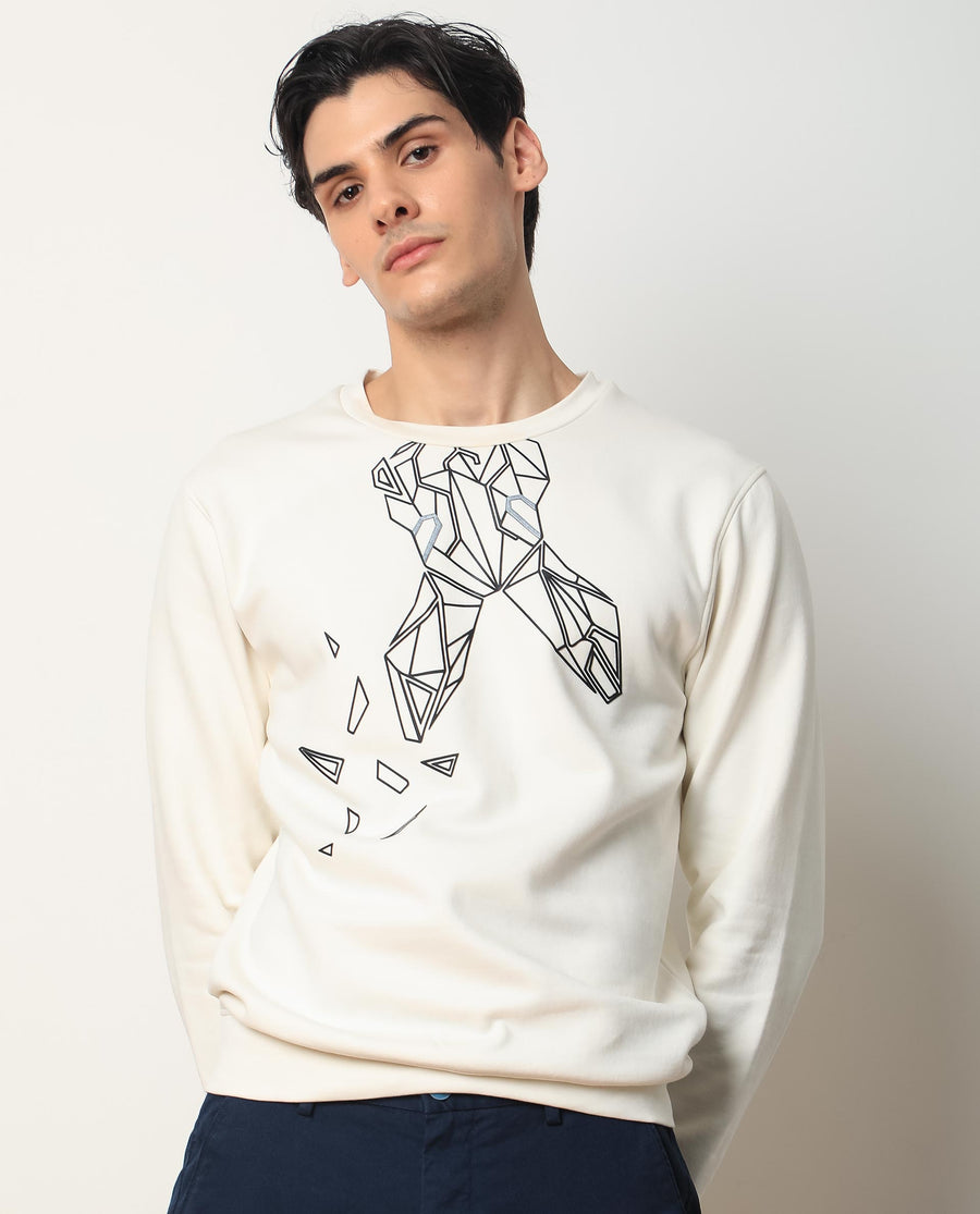 Rare Rabbit Men's Oakk White Graphic Print Regular Fit Full Sleeve Crew Neck Sweatshirt