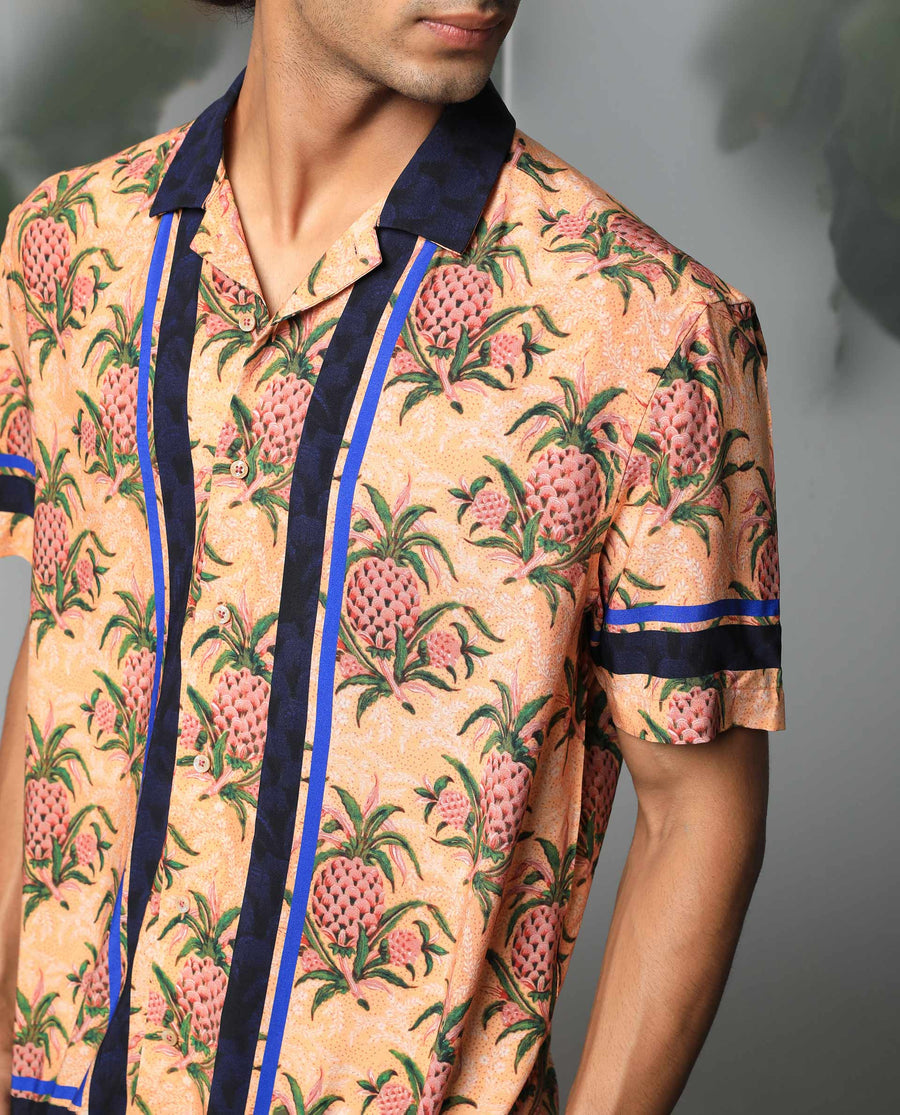 Rare Rabbit Men's Banes Beige Viscose Floral Print Regular Fit Half Sleeve Cuban Collar Shirt