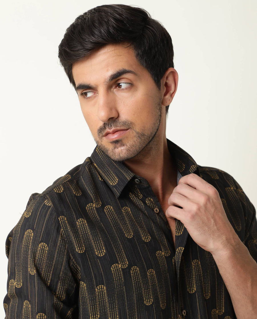 Rare Rabbit Men's Marshey Black Cotton Abstract Print Regular Fit Full Sleeve Collared Shirt