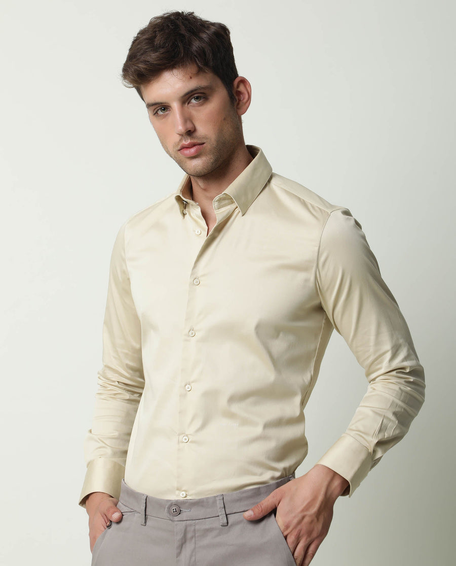 Rare Rabbit Men's Como Beige Satin Plain Regular Fit Full Sleeve Collared Shirt