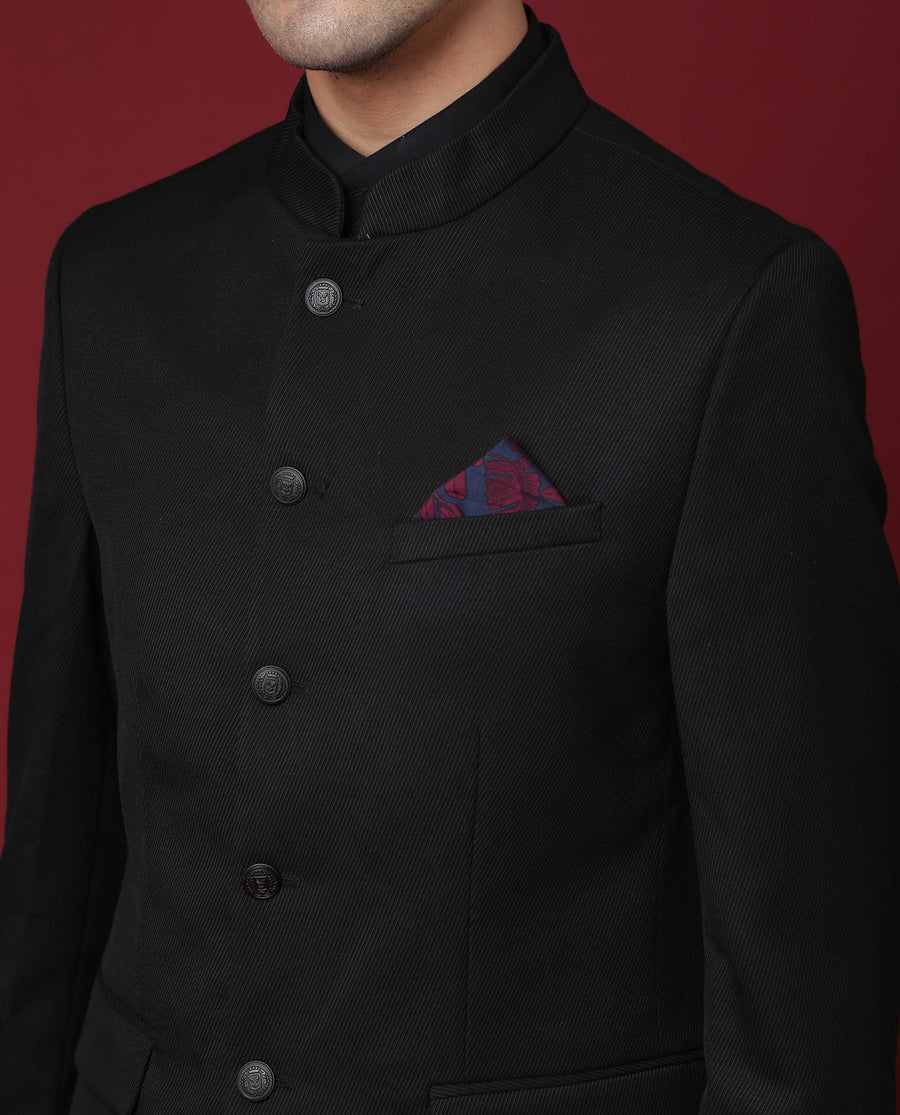 Rare Rabbit Men's Edit Band Black Polyester Plain Tailored Fit Full Sleeve Mandarin Collar Bandhgala Jodhpuri