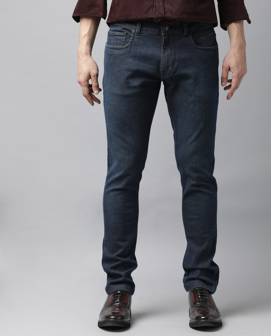 Rare Rabbit Men's Earth Navy Cotton Plain Hawk Slim Fit Jeans