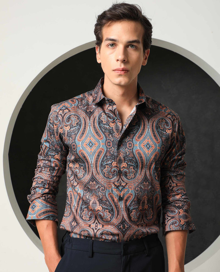 Rare Rabbit Men's Merger Navy Cotton Paisley Print Regular Fit Full Sleeve Collared Shirt