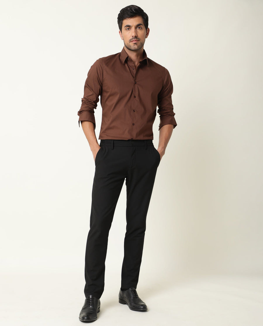 Rare Rabbit Men's Benedict Brown Cotton Plain Regular Fit Full Sleeve Collared Shirt