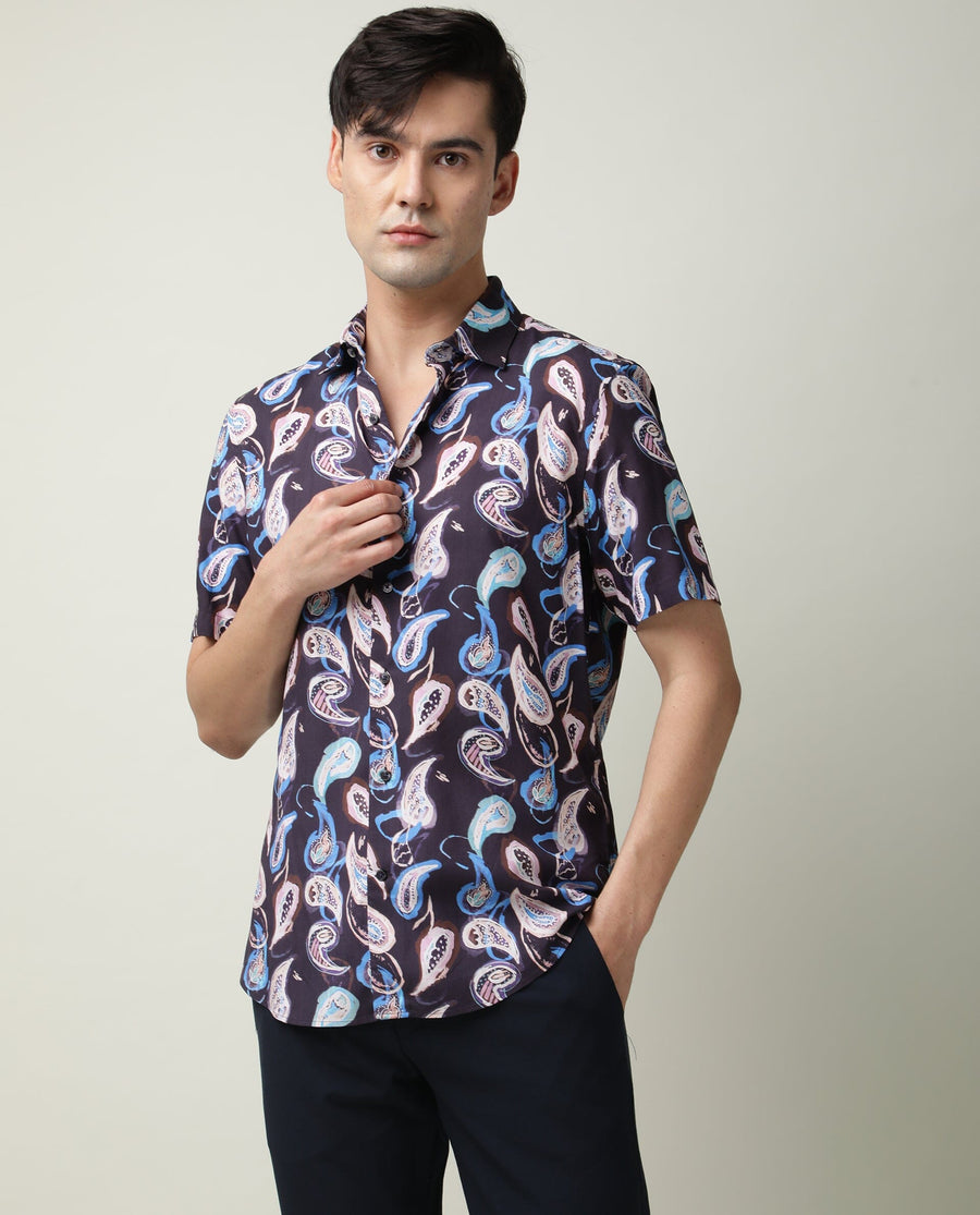 Rare Rabbit Men's Ivy Ss Navy Viscose Paisley Print Regular Fit Half Sleeve Collared Shirt