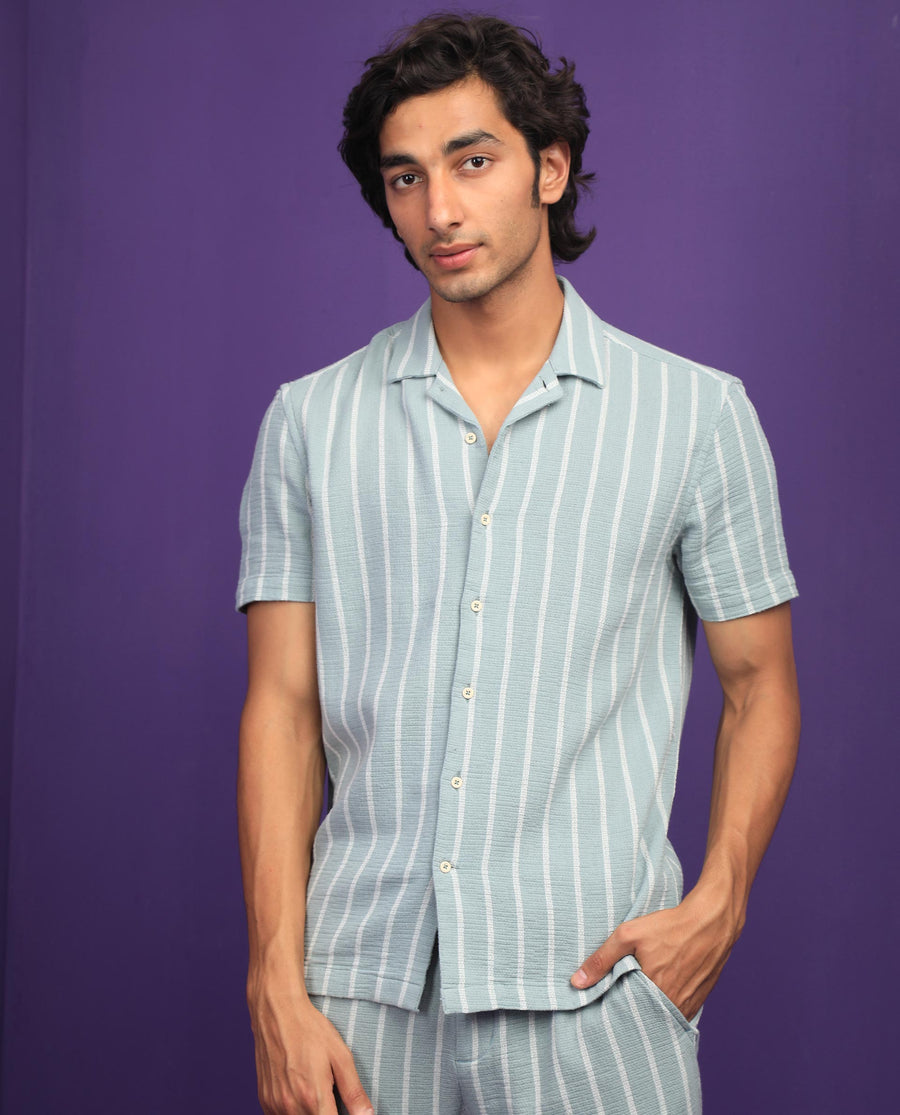 Rare Rabbit Men's Nanos Pastel Green Cotton Striped Print Regular Fit Half Sleeve Cuban Collar Shirt
