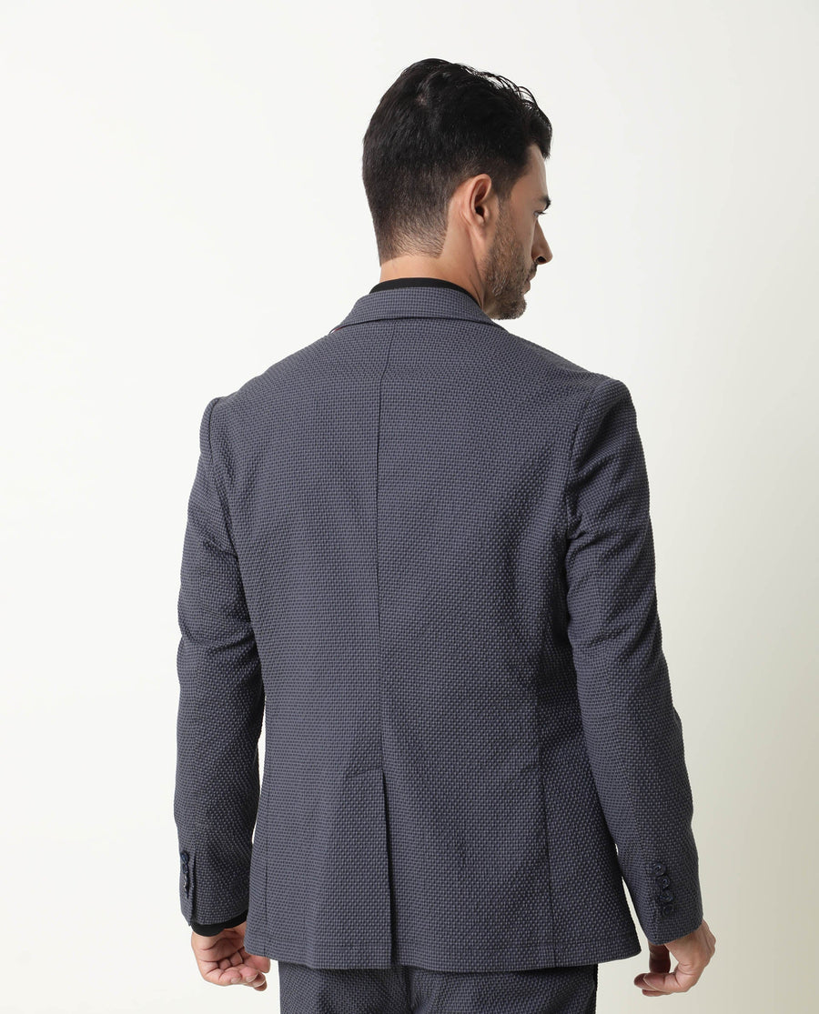 Rare Rabbit Men's Alps Navy Cotton Checked Print Tailored Fit Full Sleeve Lapel Neck Blazer