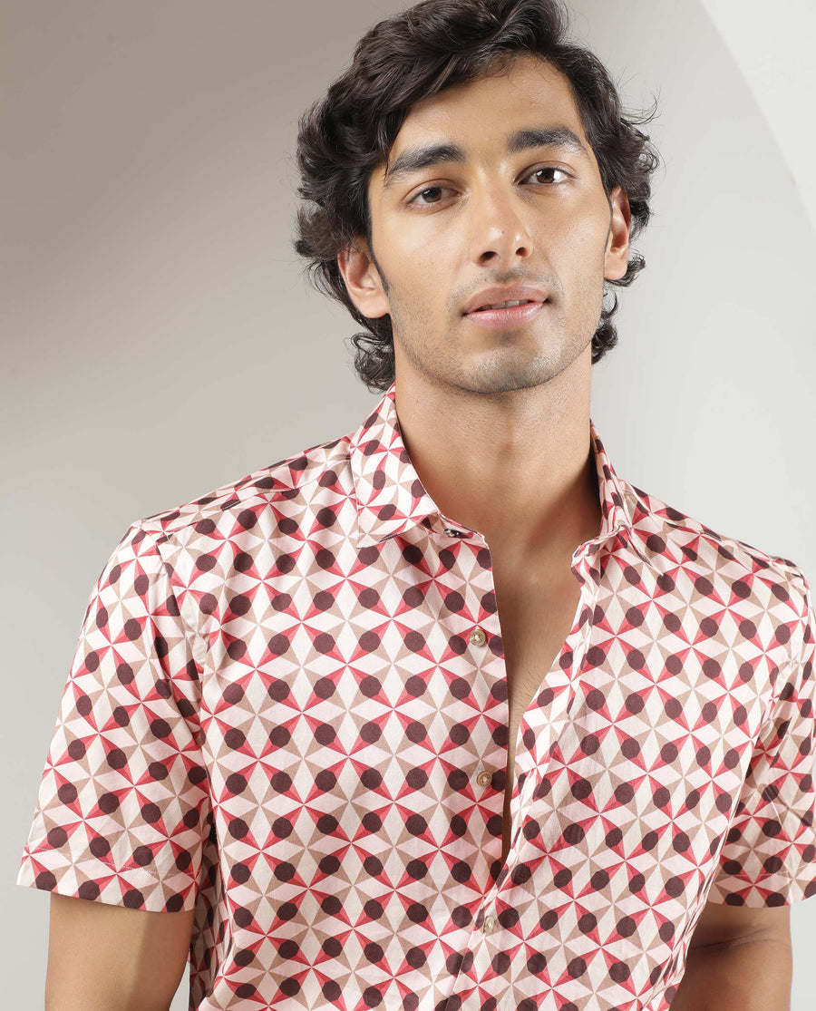 Rare Rabbit Men's Stanet Pink Cotton Geometric Print Regular Fit Half Sleeve Collared Shirt