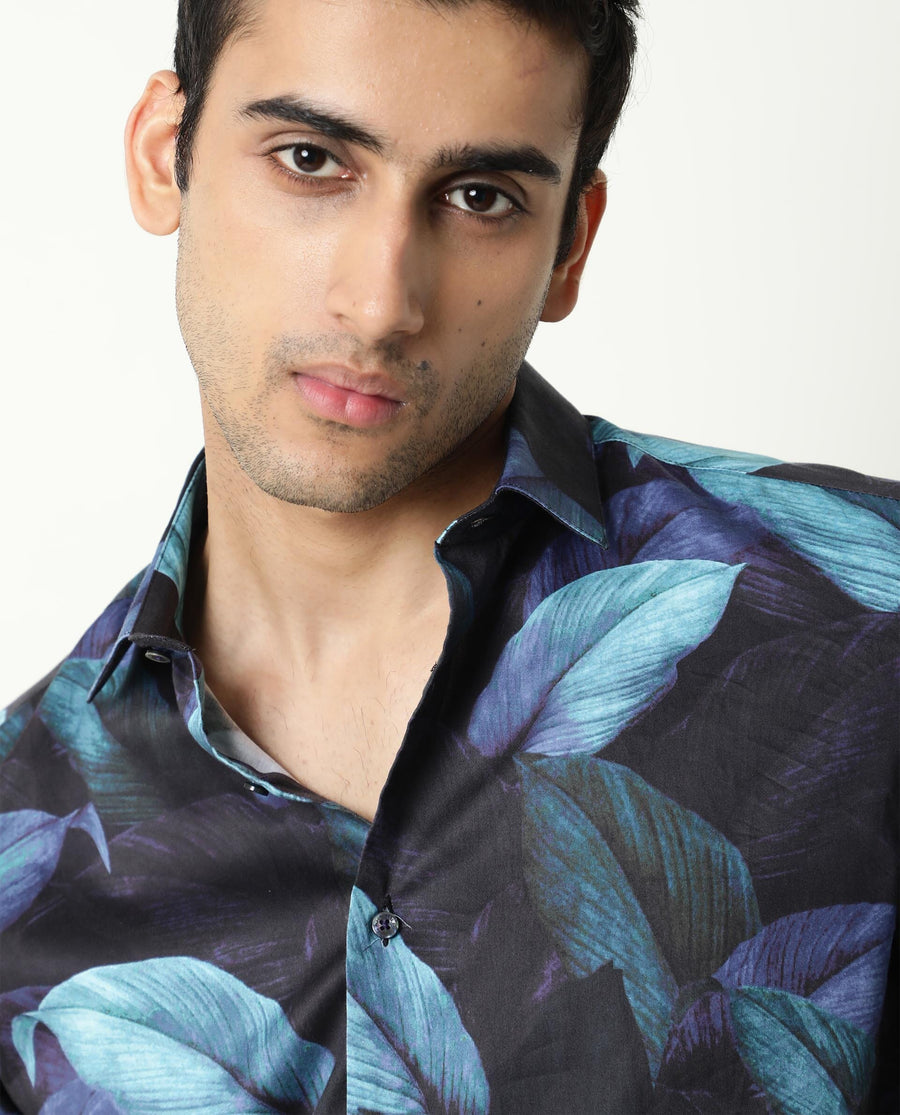 Rare Rabbit Men's Grower Navy Viscose Tropical Print Regular Fit Half Sleeve Spread Collar Shirt