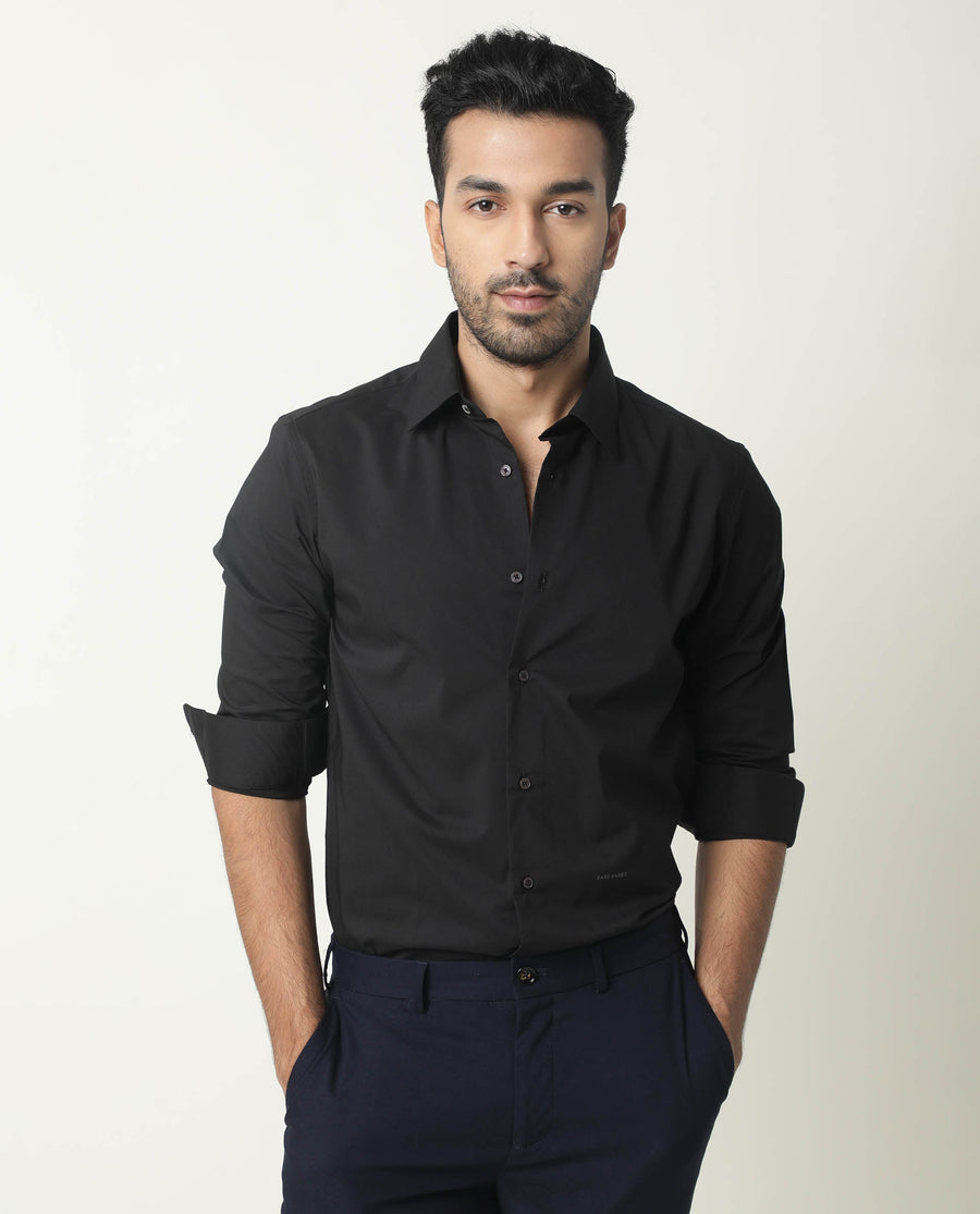Rare Rabbit Men's Neutro Ls Black Polyester Plain Regular Fit Full Sleeve Collared Shirt