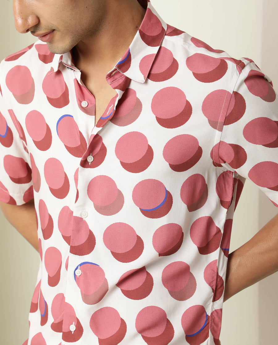 Rare Rabbit Men's Sandet Off White Viscose Polka Print Regular Fit Half Sleeve Collared Shirt