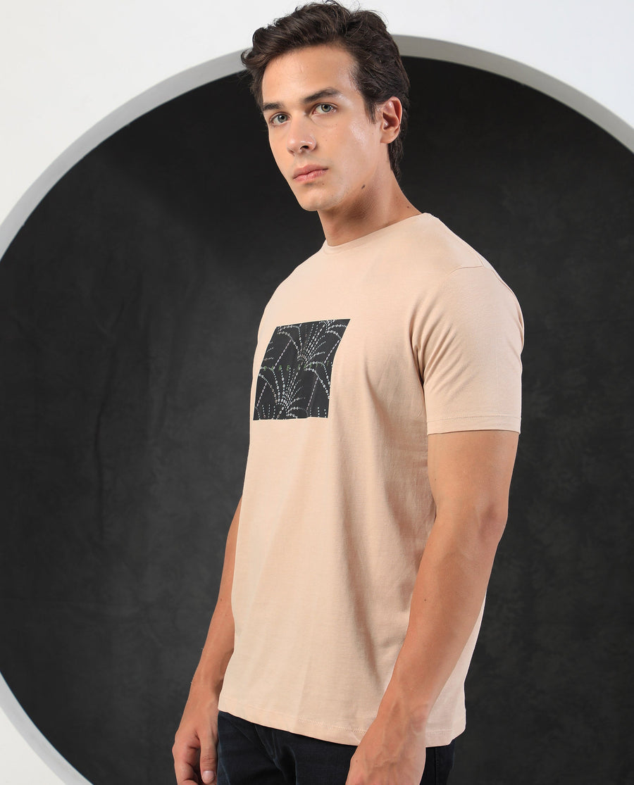 Rare Rabbit Men's Glam Beige Cotton Graphic Print Slim Fit Half Sleeve Crew Neck T-Shirt