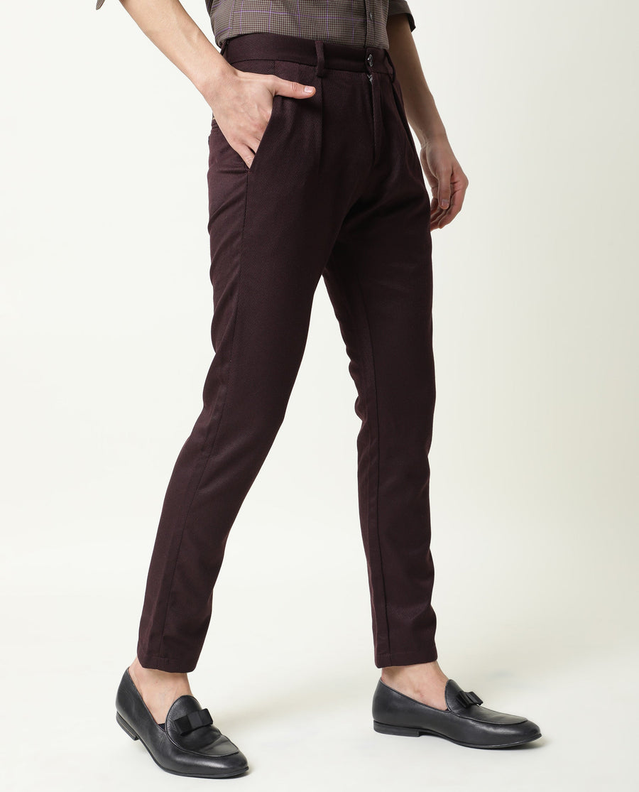 Rare Rabbit Men's Edit Maroon Polyester Plain Slim Fit Trouser