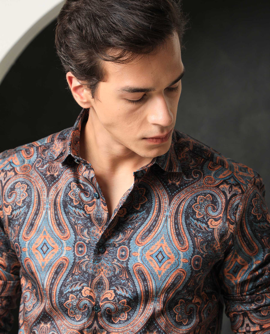 Rare Rabbit Men's Merger Navy Cotton Paisley Print Regular Fit Full Sleeve Collared Shirt