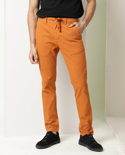 Rare Rabbit Men's Monter Orange Cotton Striped Print Regular Fit Trouser