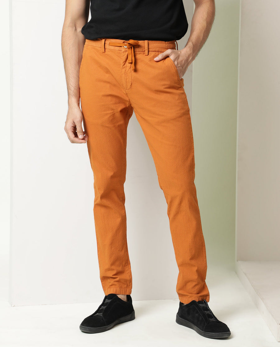 Rare Rabbit Men's Monter Orange Cotton Striped Print Regular Fit Trouser