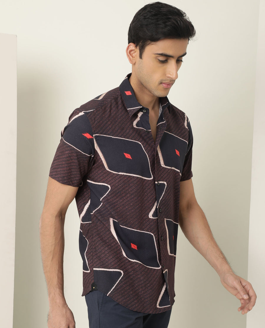 Rare Rabbit Men's Nistic Brown Viscose Geometric Print Regular Fit Half Sleeve Collared Shirt