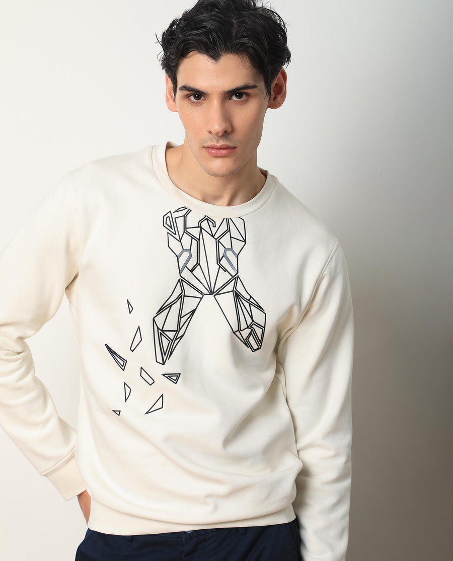 Rare Rabbit Men's Oakk White Graphic Print Regular Fit Full Sleeve Crew Neck Sweatshirt