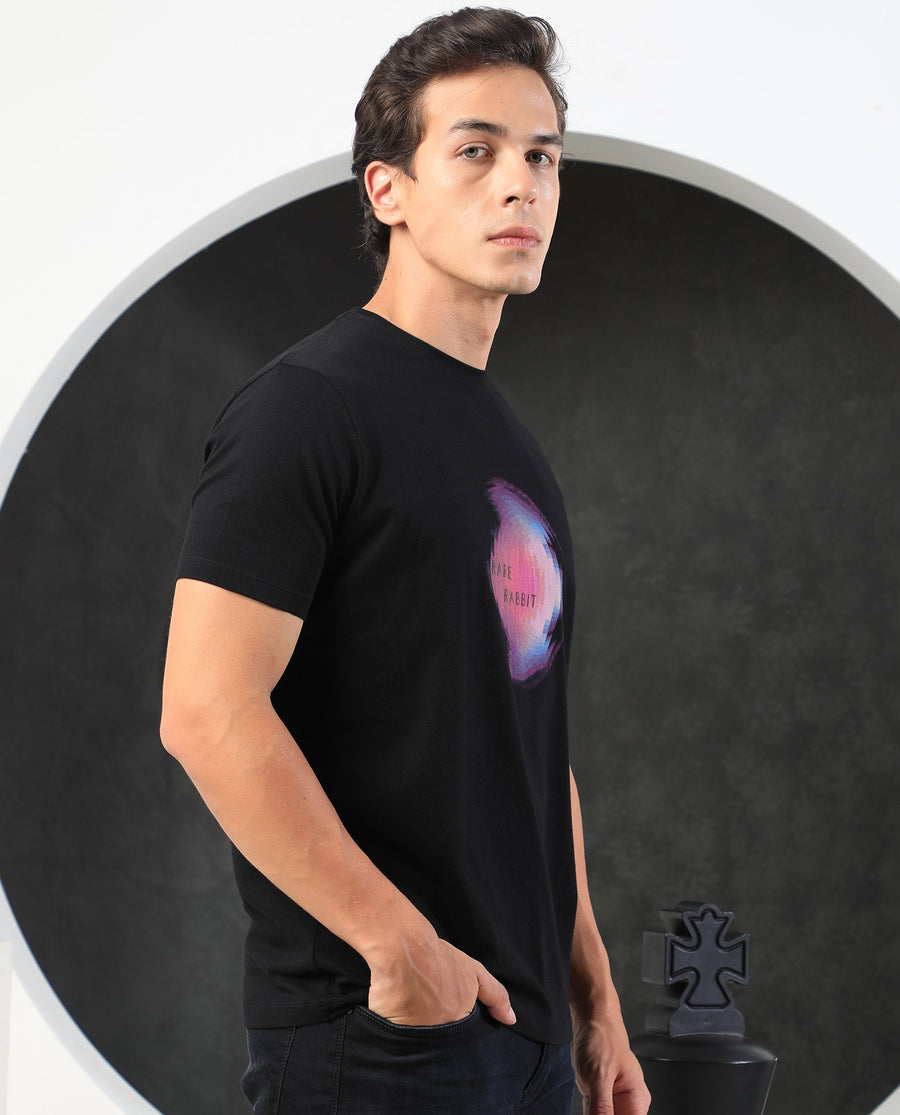 Rare Rabbit Men's Knobel Black Cotton Graphic Print Slim Fit Half Sleeve Crew Neck T-Shirt