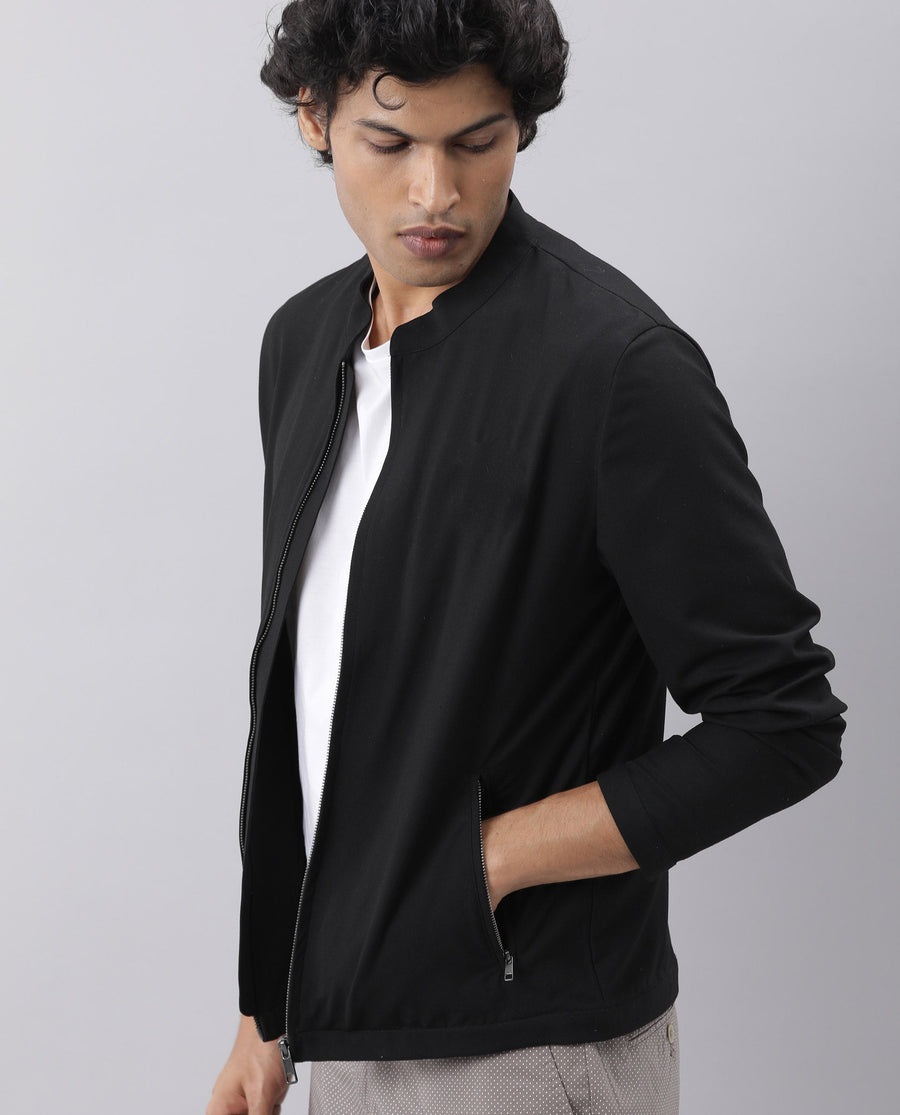 Rare Rabbit Men's Sign-2 Black Polyester Plain Slim Fit Full Sleeve High Neck Jacket