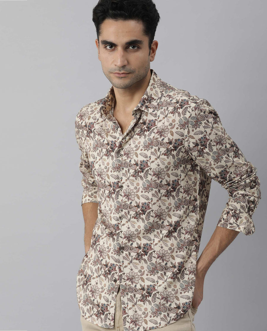 Rare Rabbit Men's Ravell Beige Viscose Floral Print Regular Fit Full Sleeve Collared Shirt