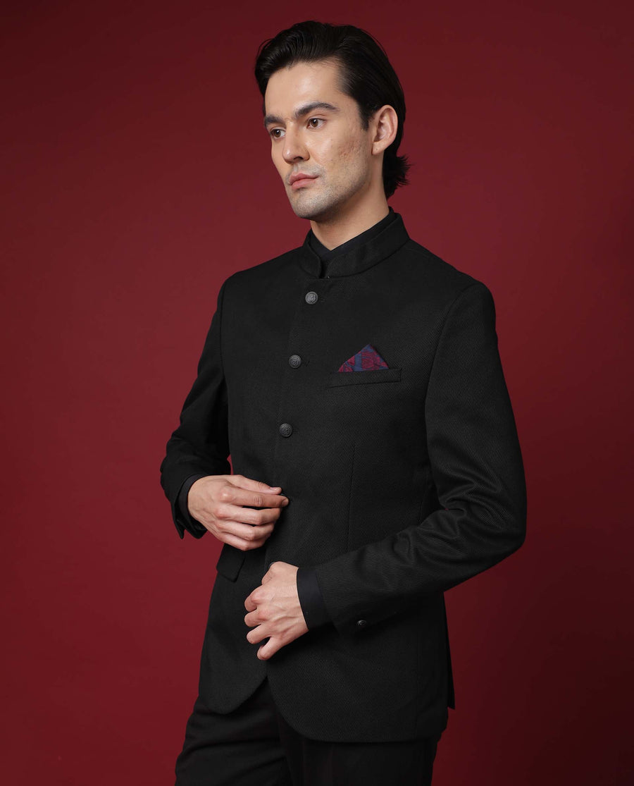 Rare Rabbit Men's Edit Band Black Polyester Plain Tailored Fit Full Sleeve Mandarin Collar Bandhgala Jodhpuri