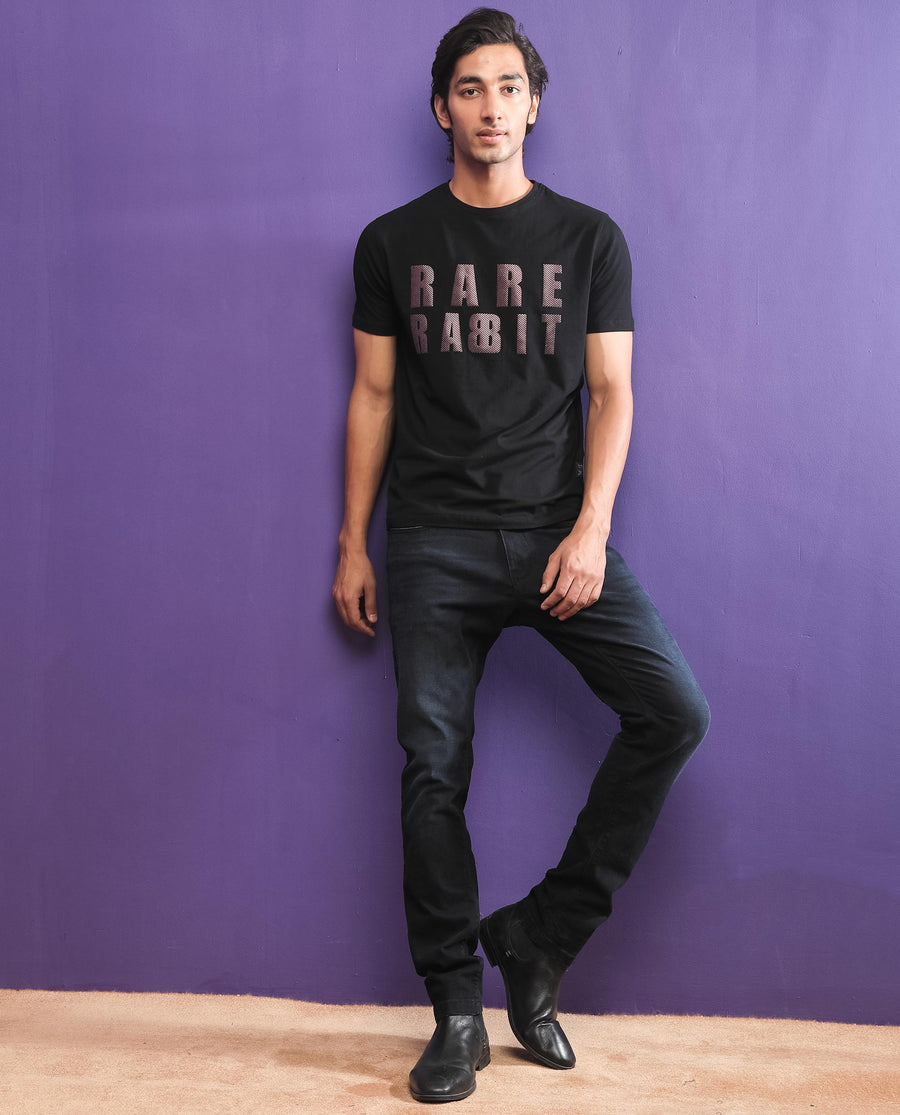 Rare Rabbit Men's Electricc Black Cotton Graphic Print Slim Fit Half Sleeve Crew Neck T-Shirt