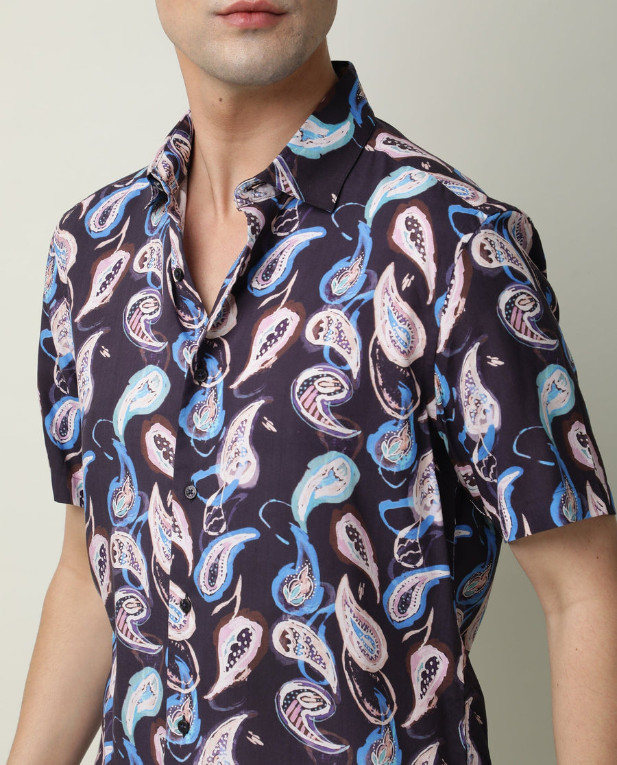 Rare Rabbit Men's Ivy Ss Navy Viscose Paisley Print Regular Fit Half Sleeve Collared Shirt