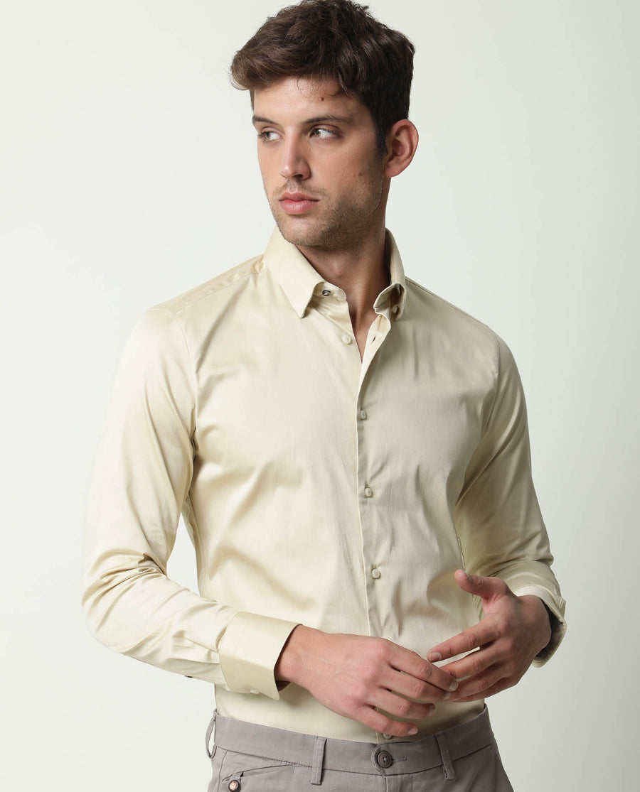 Rare Rabbit Men's Como Beige Satin Plain Regular Fit Full Sleeve Collared Shirt