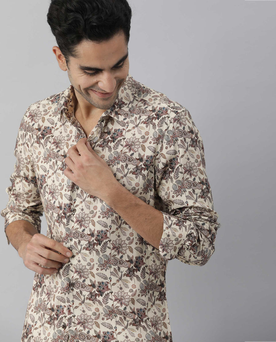 Rare Rabbit Men's Ravell Beige Viscose Floral Print Regular Fit Full Sleeve Collared Shirt