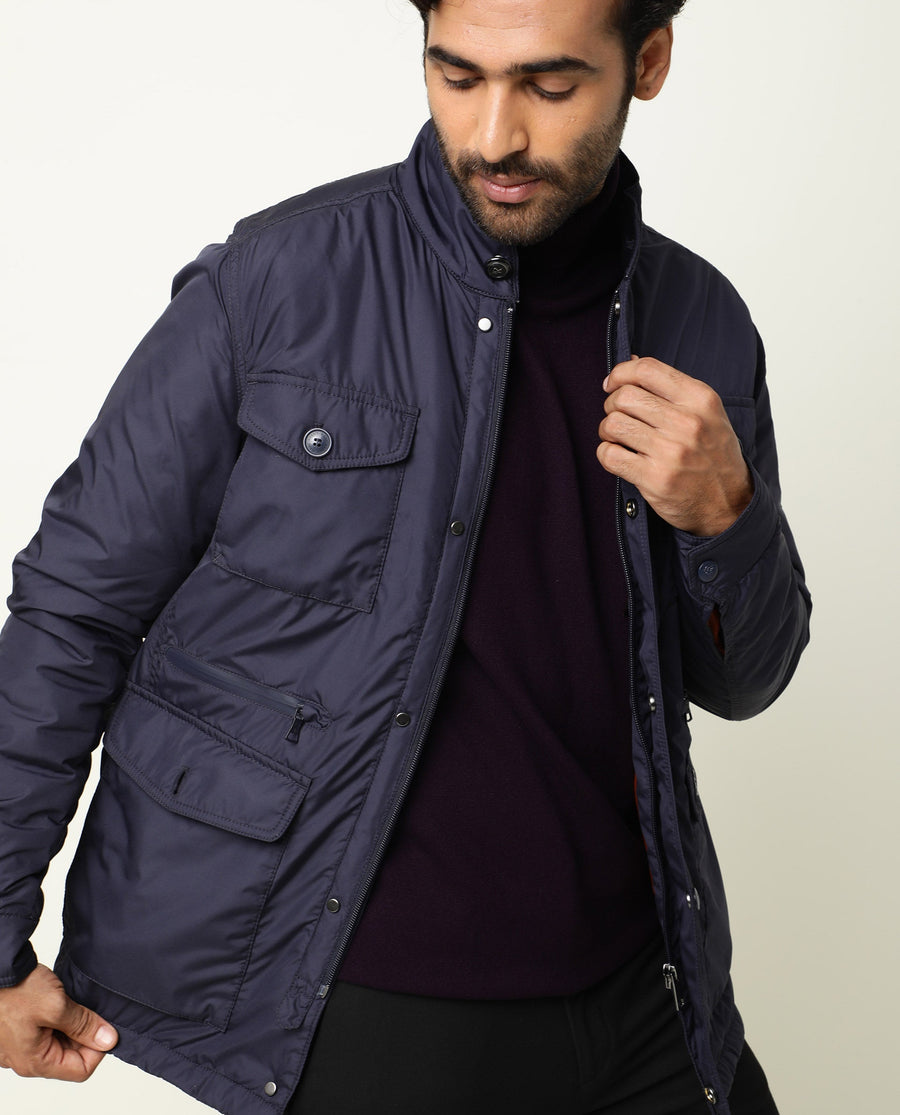 Rare Rabbit Men's Mass Navy Polyester Plain Relaxed Fit Full Sleeve Mandarin Collar Jacket