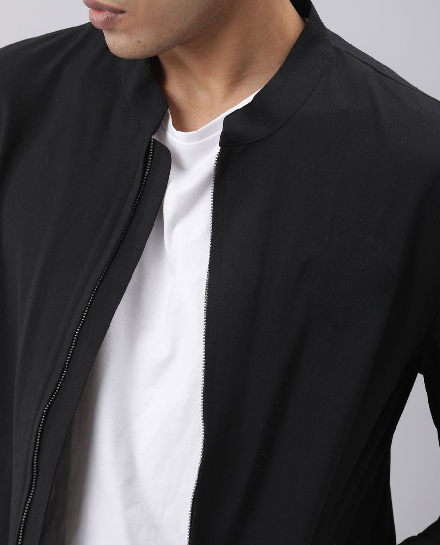 Rare Rabbit Men's Sign-2 Black Polyester Plain Slim Fit Full Sleeve High Neck Jacket