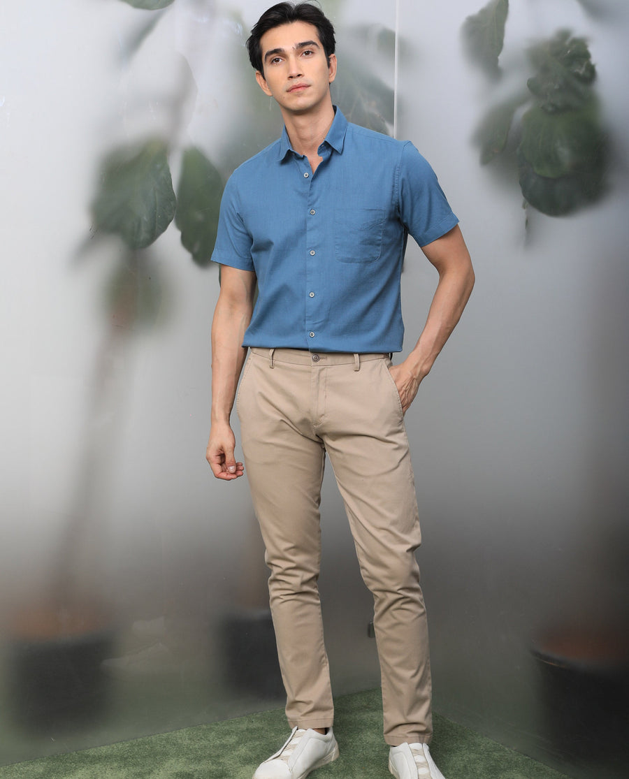 Rare Rabbit Men's Darwin - Blue Cotton Plain Regular Fit Half Sleeve Collared Shirt