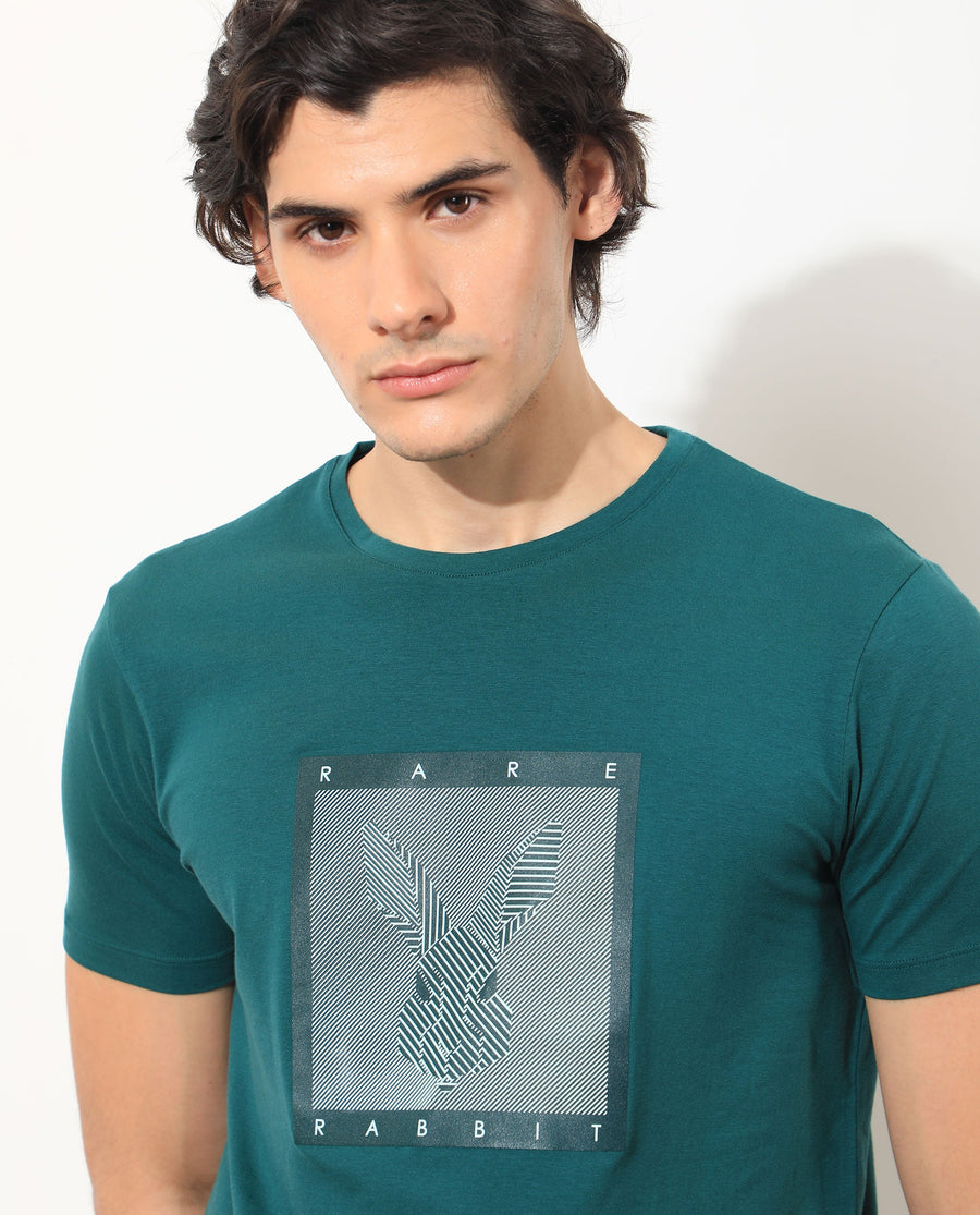 Rare Rabbit Men's Princeton Green Cotton Graphic Print Slim Fit Half Sleeve Crew Neck T-Shirt