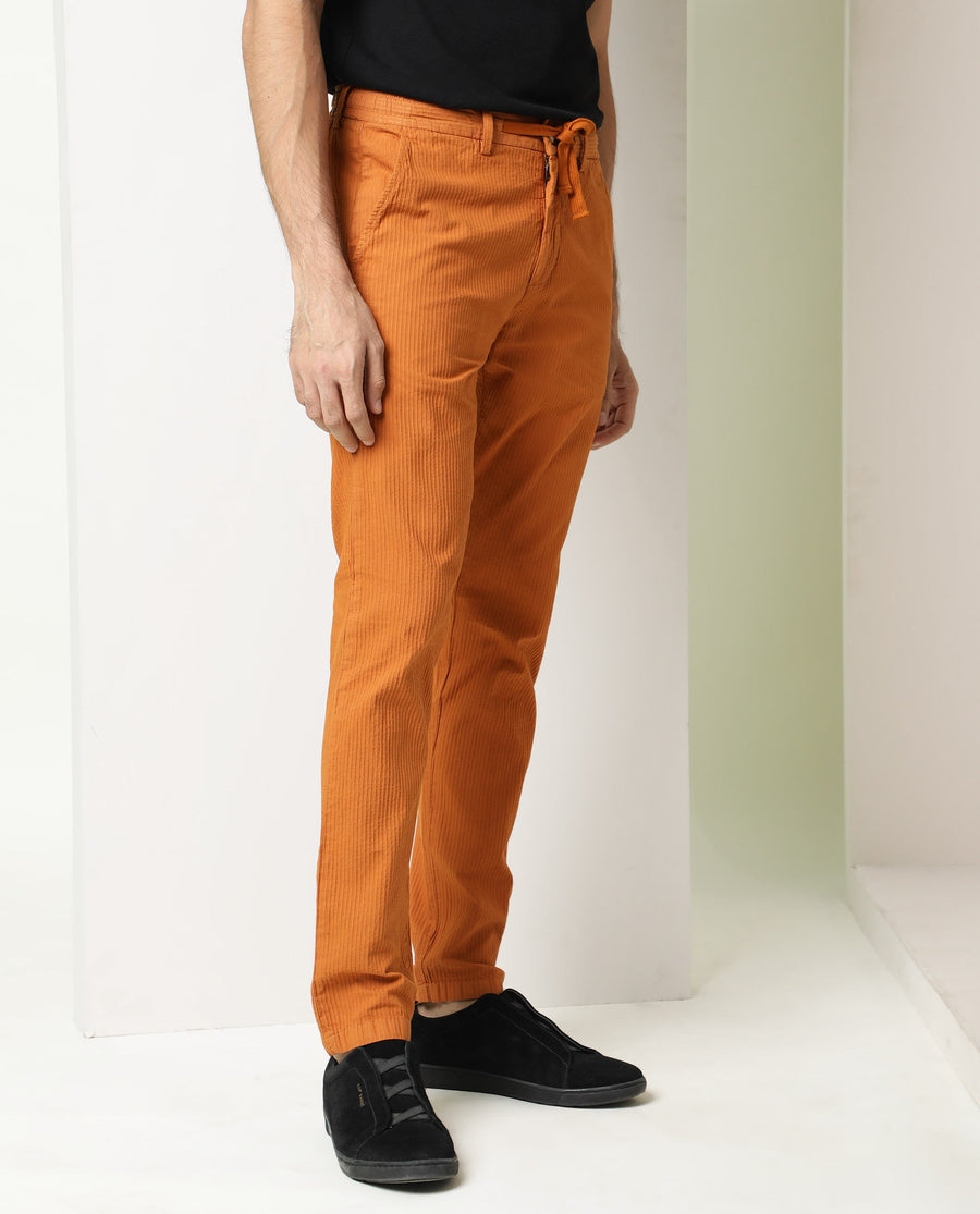 Rare Rabbit Men's Monter Orange Cotton Striped Print Regular Fit Trouser