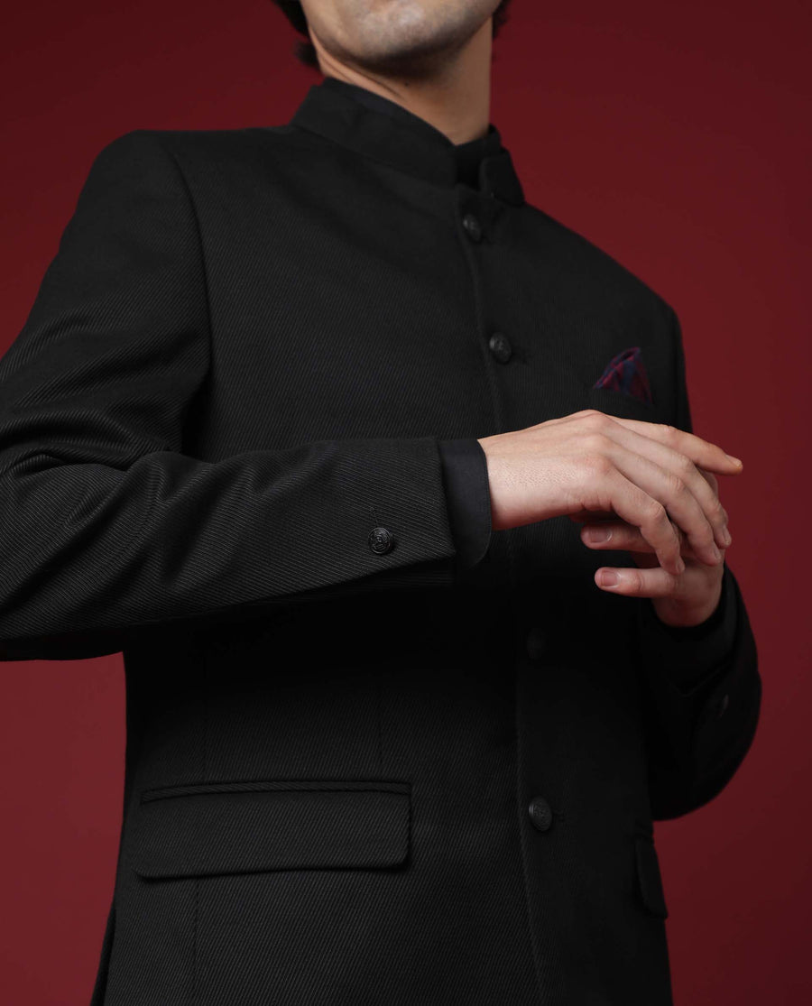 Rare Rabbit Men's Edit Band Black Polyester Plain Tailored Fit Full Sleeve Mandarin Collar Bandhgala Jodhpuri
