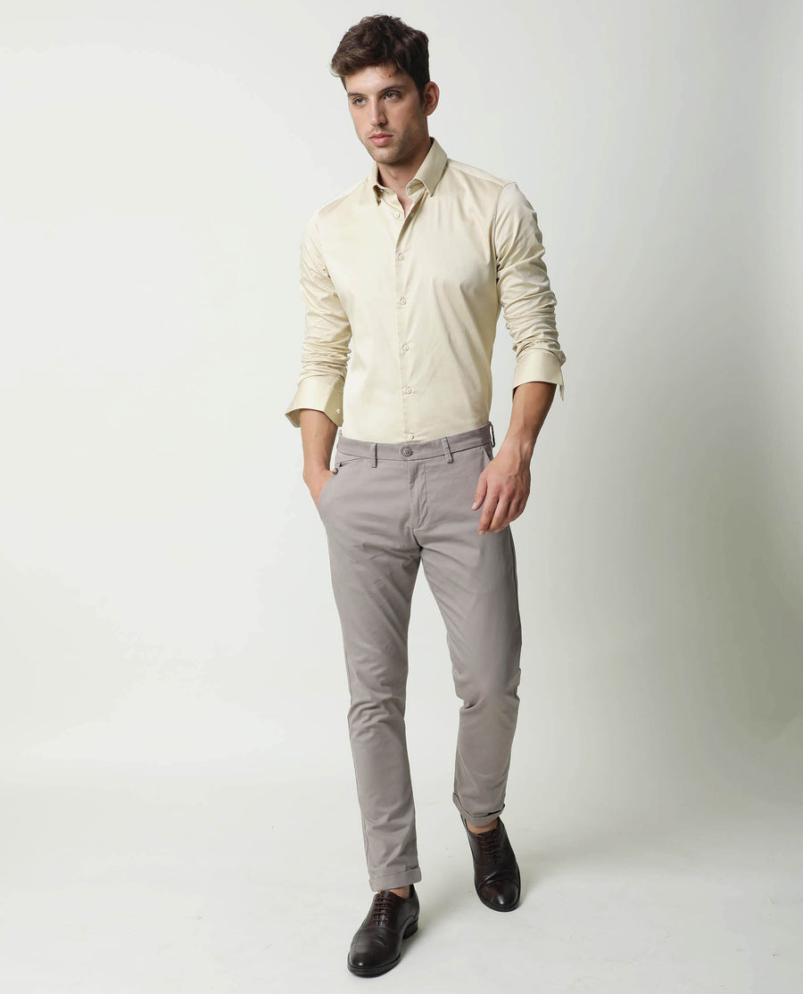 Rare Rabbit Men's Como Beige Satin Plain Regular Fit Full Sleeve Collared Shirt