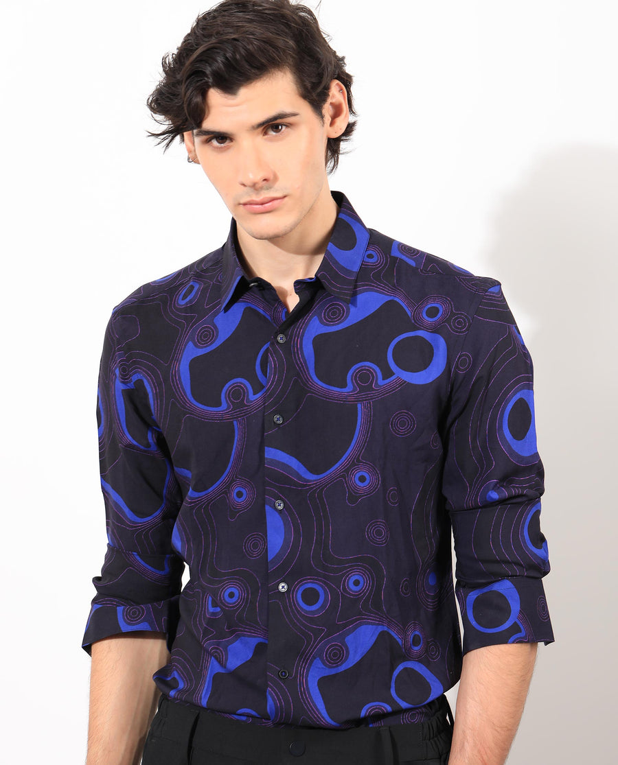 Rare Rabbit Men's Inlet Navy Cotton Abstract Print Regular Fit Full Sleeve Collared Shirt