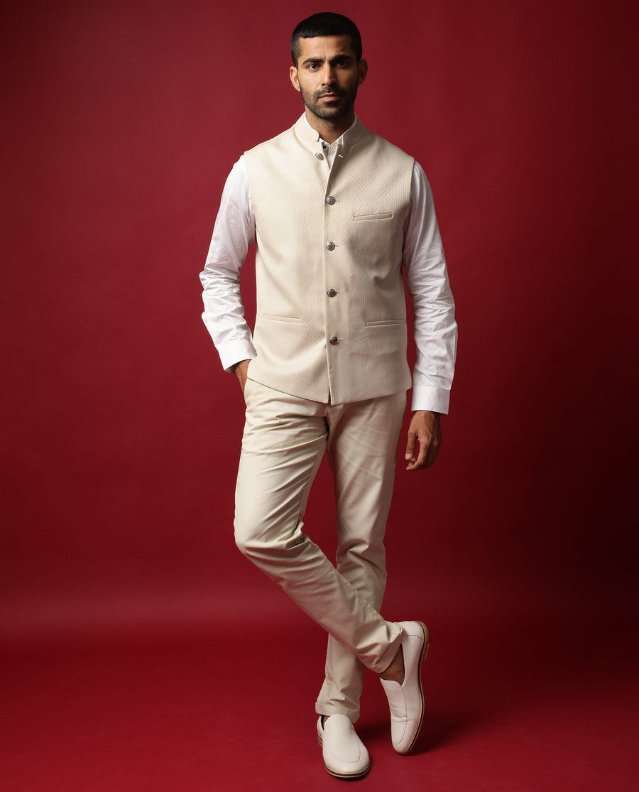 Rare Rabbit Men's Oakla Beige Polyester Jacquard Tailored Fit Sleeveless Mandarin Collar Bandhgala