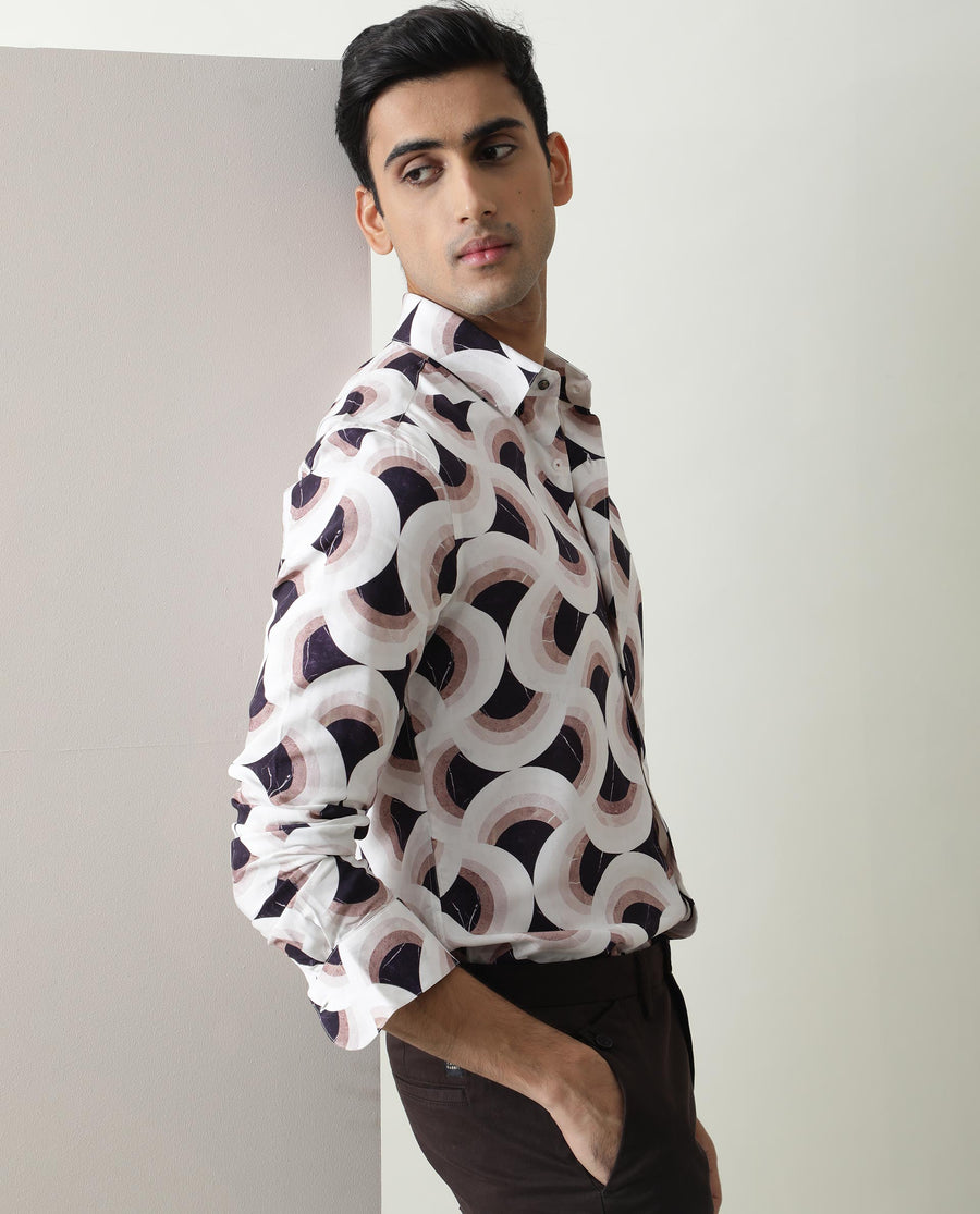 Rare Rabbit Men's Febug Off White Viscose Geometric Print Regular Fit Full Sleeve Collared Shirt