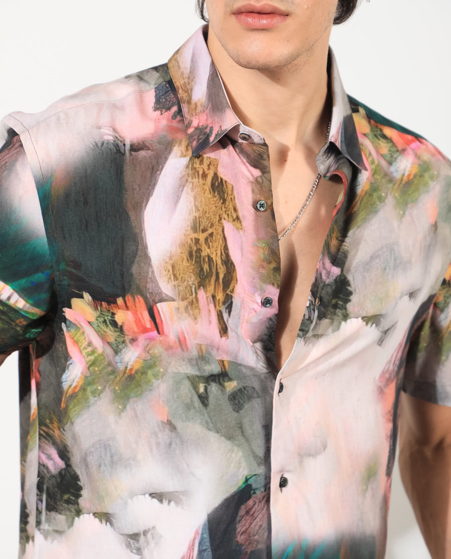 Rare Rabbit Men's Painter Green Viscose Abstract Print Regular Fit Half Sleeve Collared Shirt