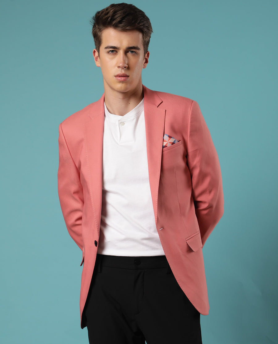 Rare Rabbit Men's Bart Pink Polyester Plain Tailored Fit Full Sleeve Lapel Neck Blazer