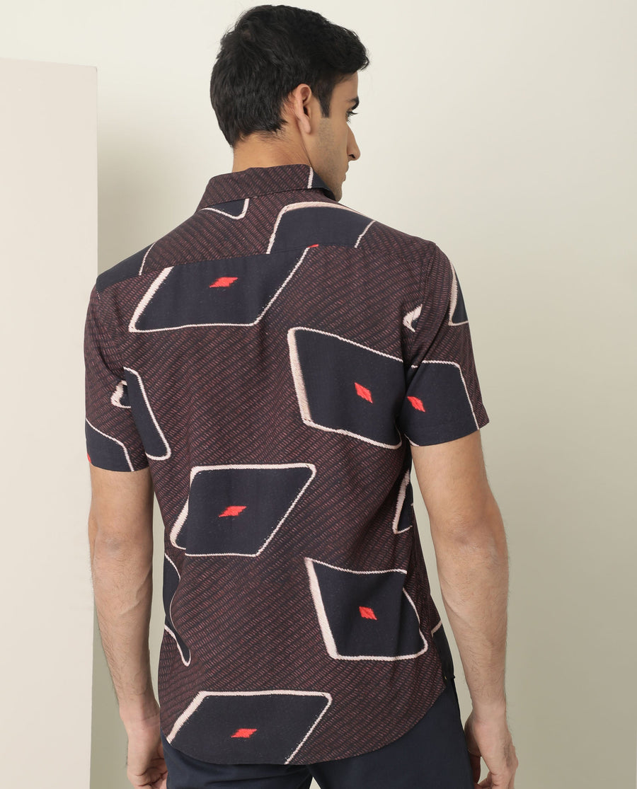 Rare Rabbit Men's Nistic Brown Viscose Geometric Print Regular Fit Half Sleeve Collared Shirt
