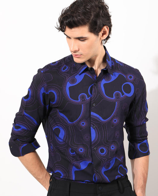 Rare Rabbit Men's Inlet Navy Cotton Abstract Print Regular Fit Full Sleeve Collared Shirt