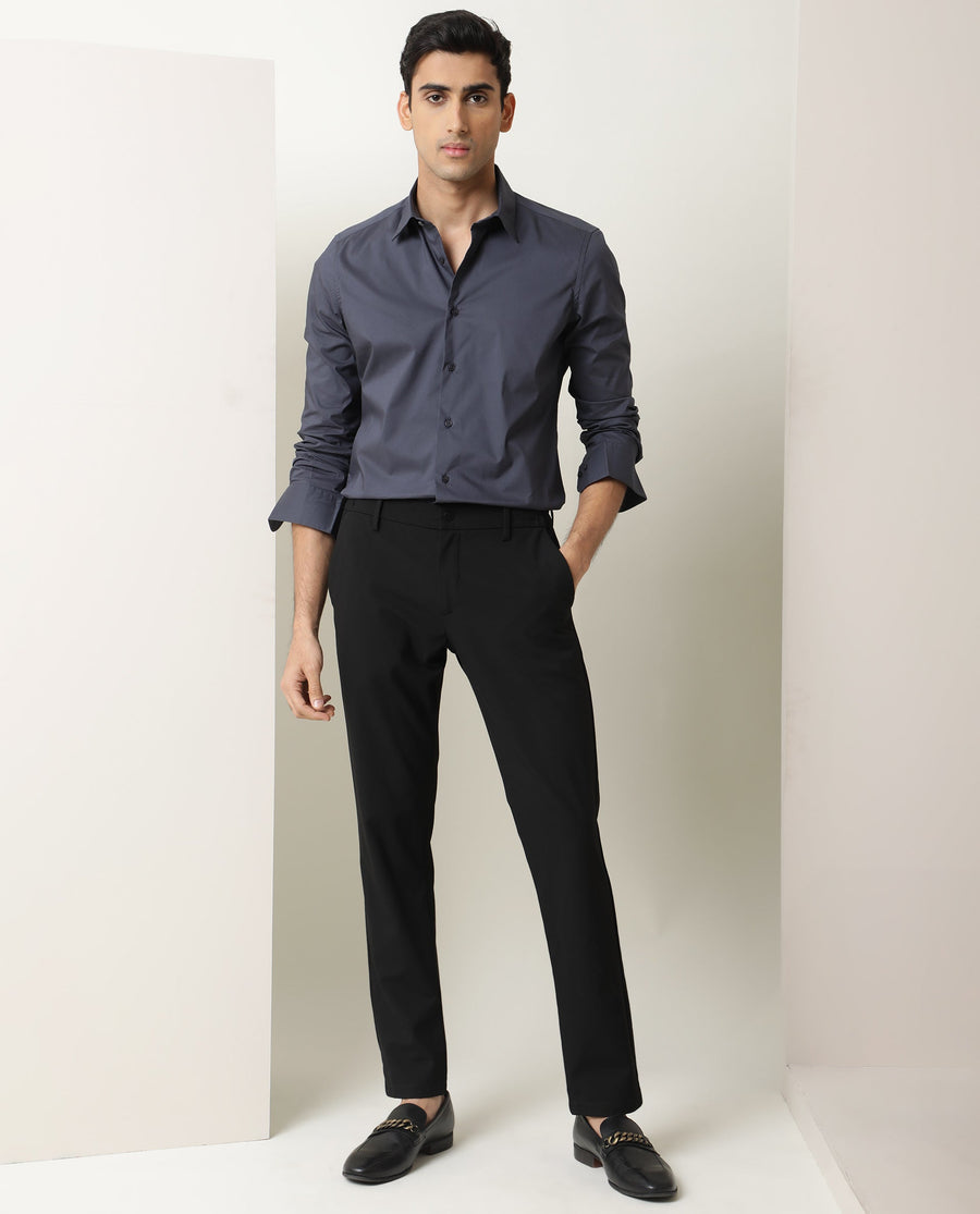 Rare Rabbit Men's Benedict Dark Grey Cotton Plain Regular Fit Full Sleeve Collared Shirt
