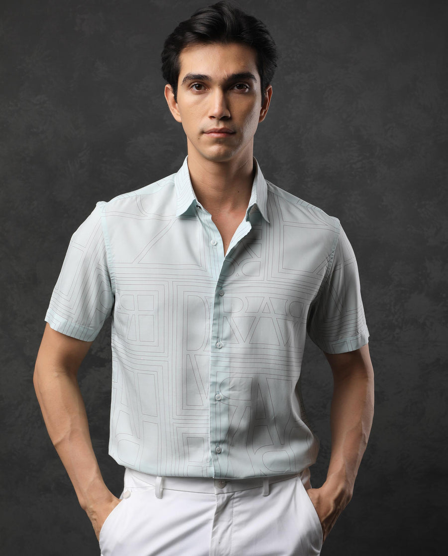 Rare Rabbit Men's Malfor Ss Pastel Turq Viscose Statement Print Regular Fit Half Sleeve Collared Shirt